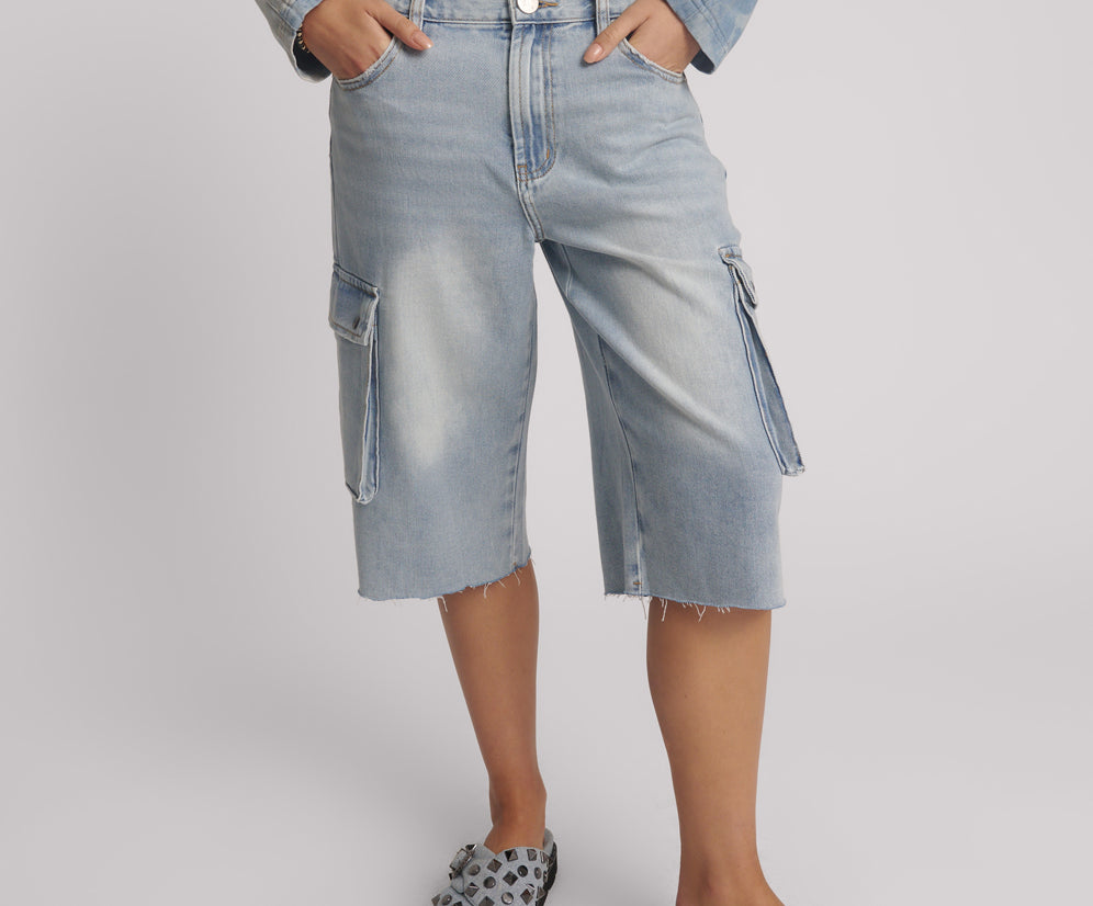 Skater Girl Low Wast Long Leg Shorts - Soft Blue