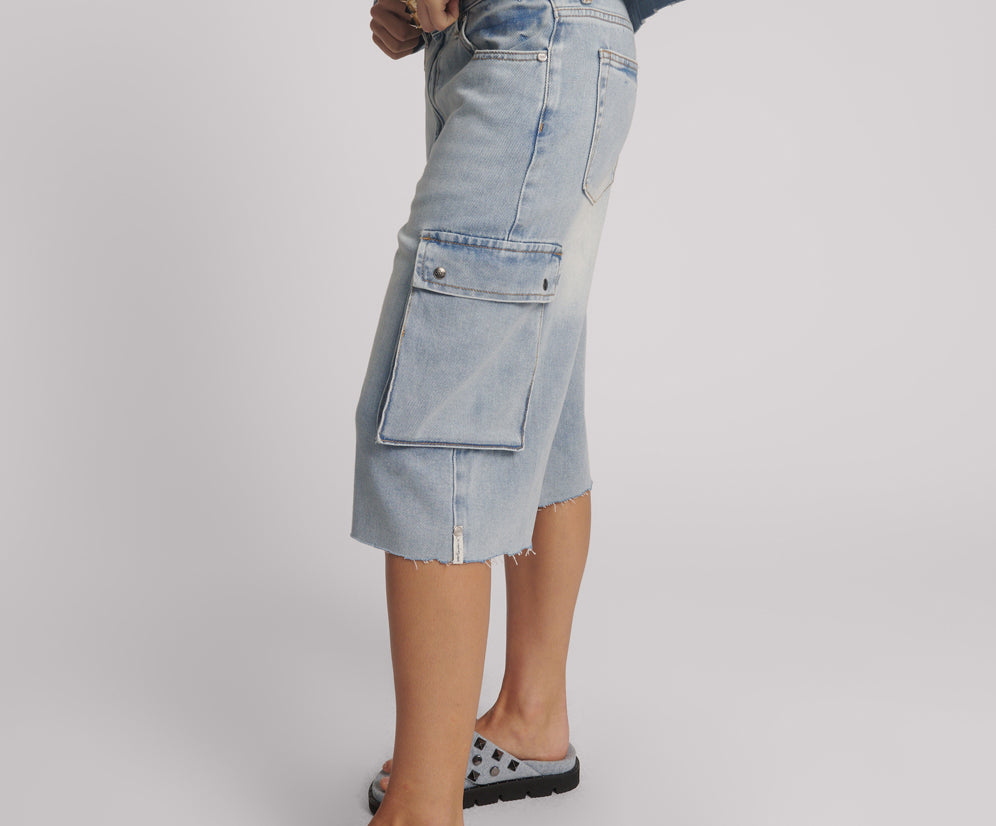 Skater Girl Low Wast Long Leg Shorts - Soft Blue