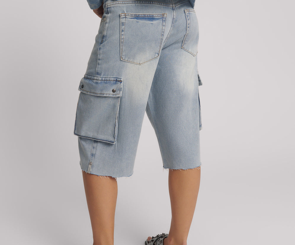 Skater Girl Low Wast Long Leg Shorts - Soft Blue