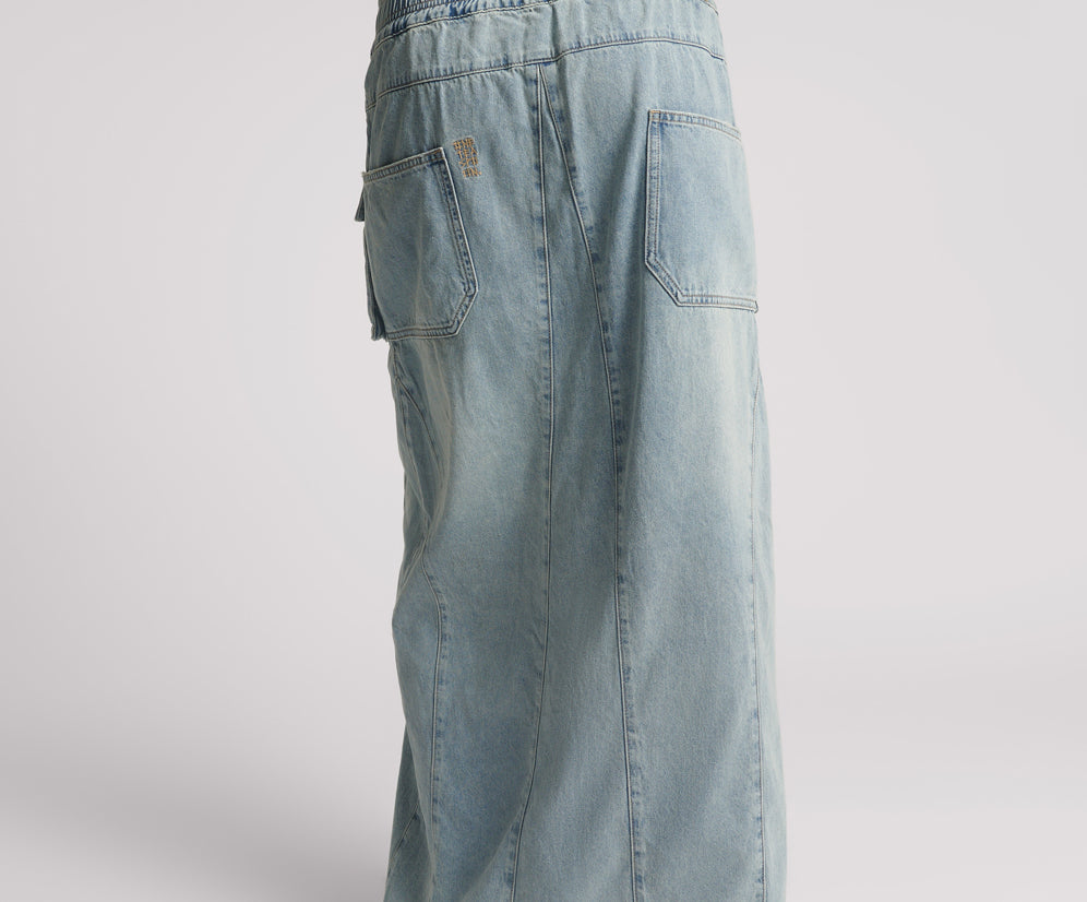 Parachute Low Waist Split Front Maxi Denim Skirt - Soft Blue