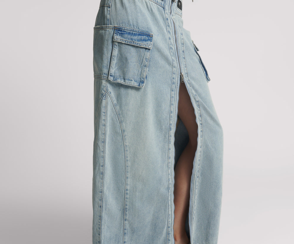 Parachute Low Waist Split Front Maxi Denim Skirt - Soft Blue