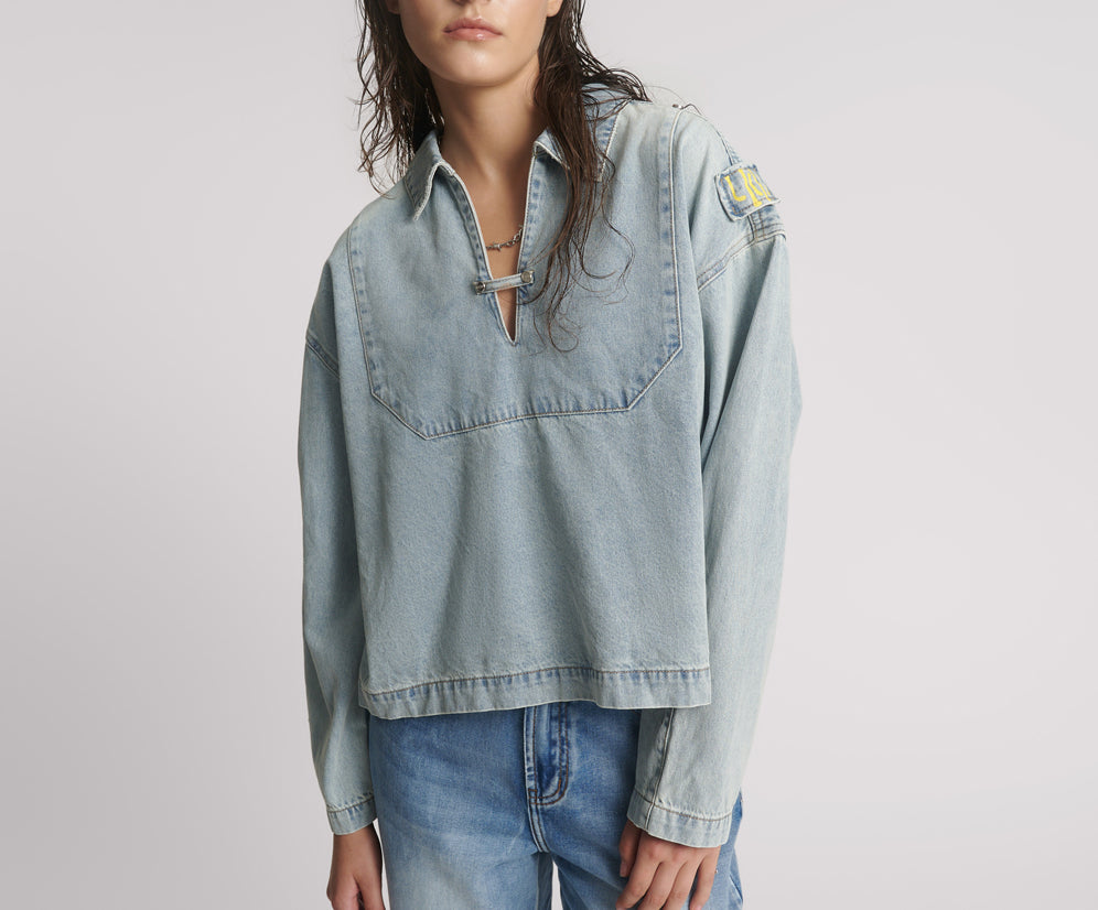 Retro Pullover Denim Shirt - Soft Blue