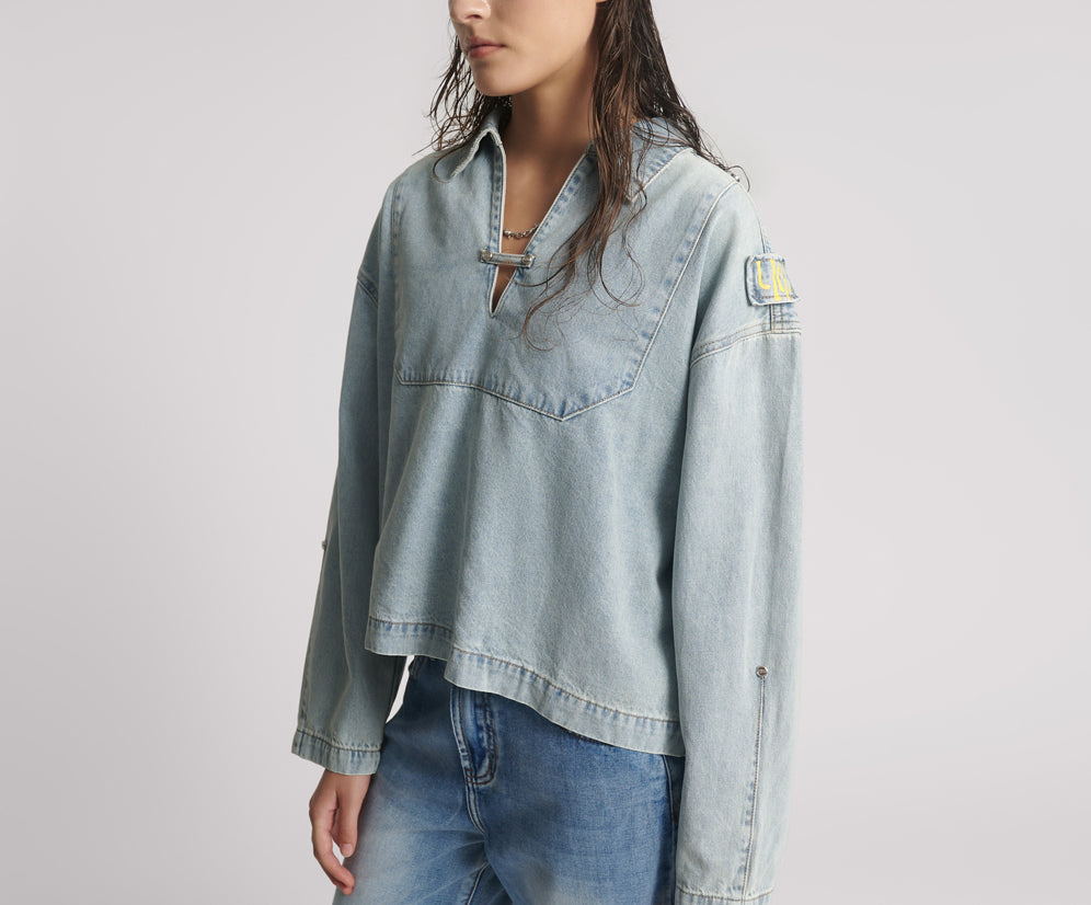 Retro Pullover Denim Shirt - Soft Blue