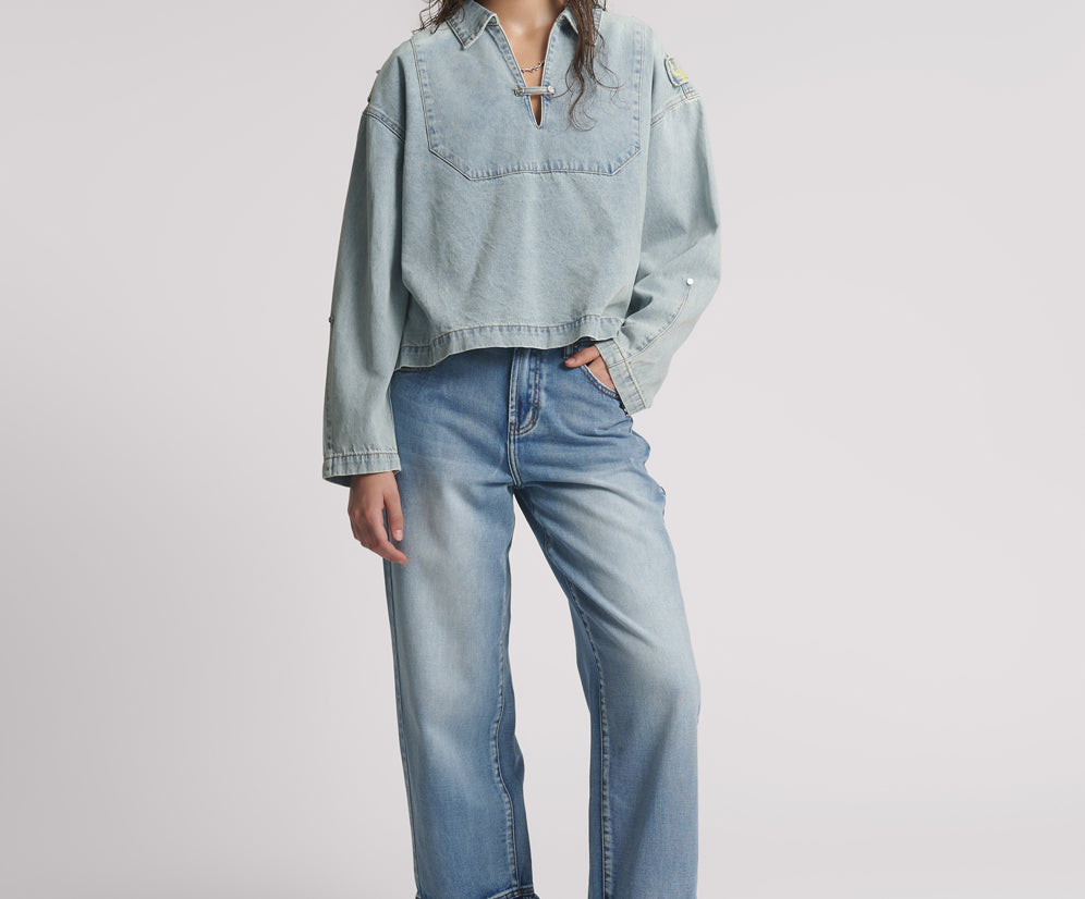 Retro Pullover Denim Shirt - Soft Blue