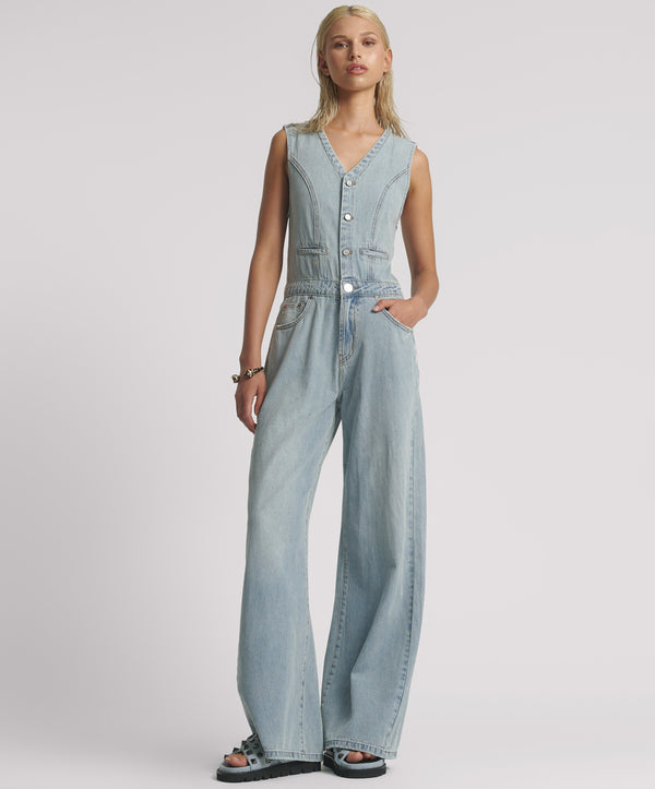 Love Machines Sleeveless Wide Leg Fitted Denim Jumpsuit - Soft Blue