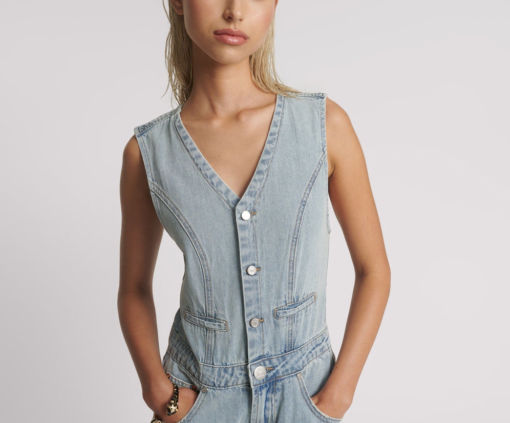 Love Machines Sleeveless Wide Leg Fitted Denim Jumpsuit - Soft Blue