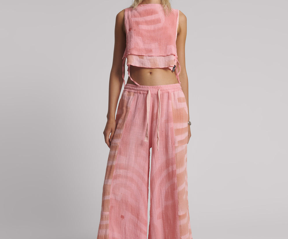 Moai Hand Painted Muslin Palazzo Pants - Pink