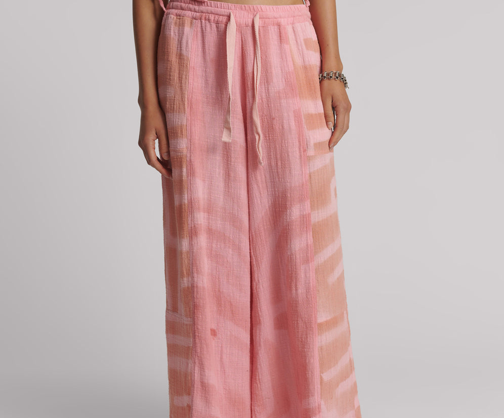 Moai Hand Painted Muslin Palazzo Pants - Pink