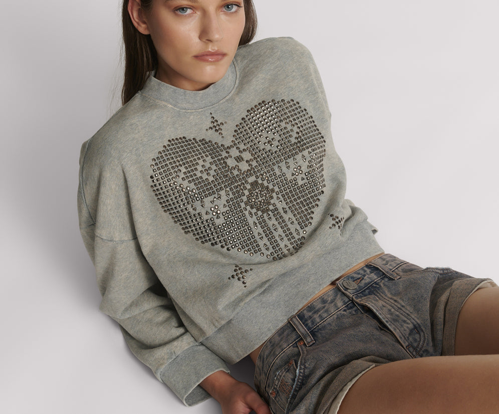 Studded Heart Grey Cropped Sweater - Grey Marl