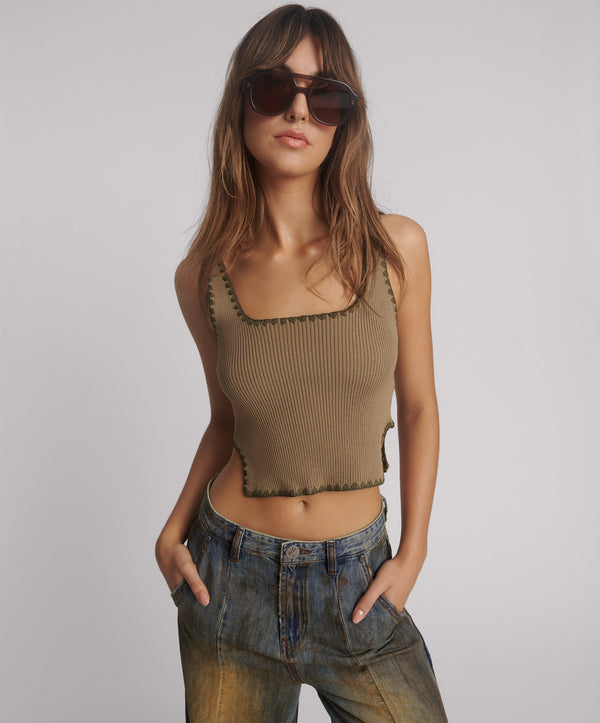 Knitted Scallop Tank Top - Khaki