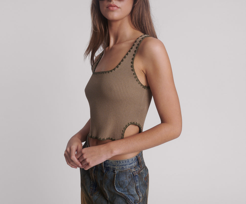 Knitted Scallop Tank Top - Khaki