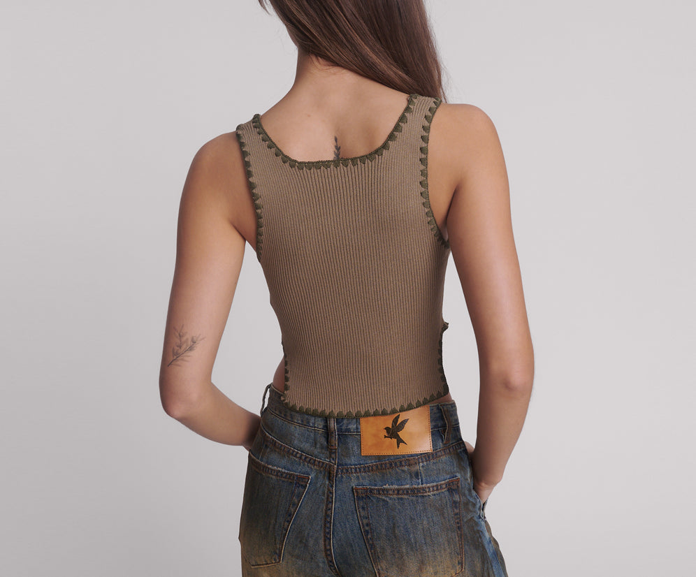 Knitted Scallop Tank Top - Khaki