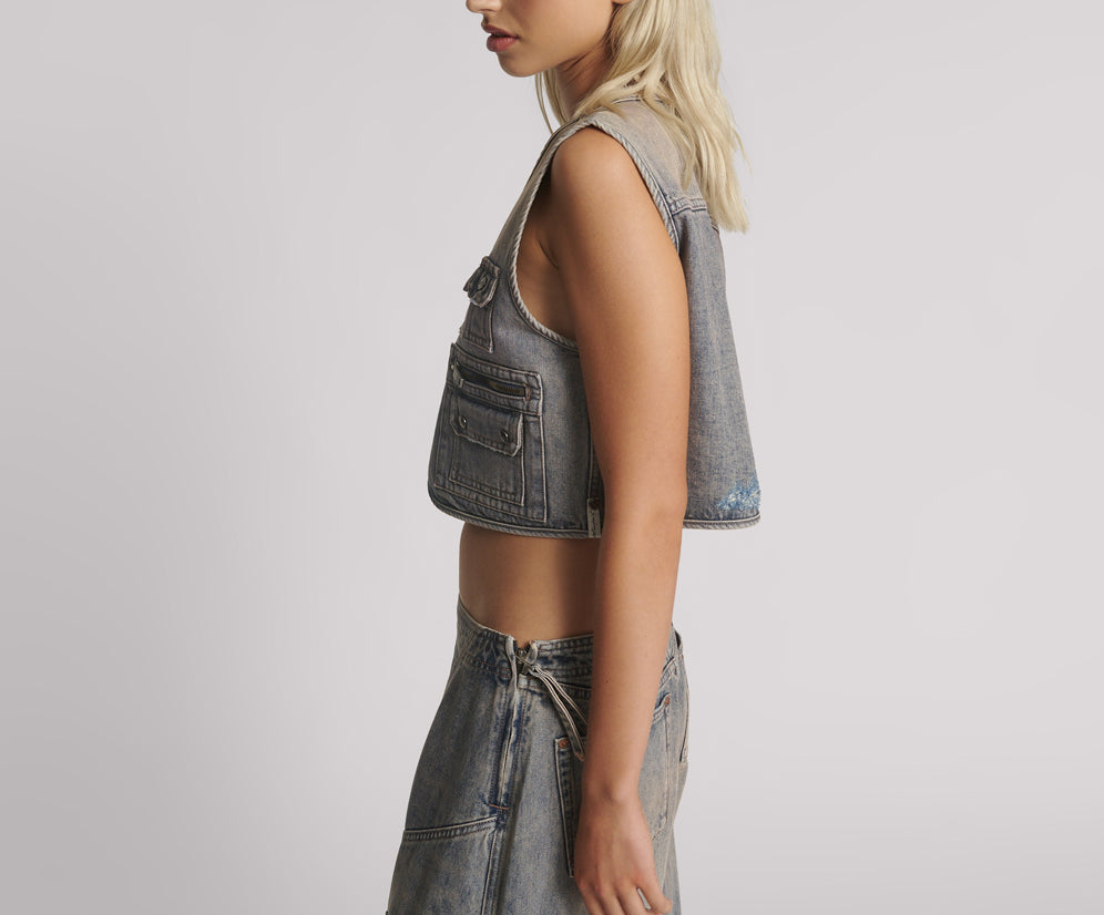 Cropped Denim Utility Vest - Island Blue