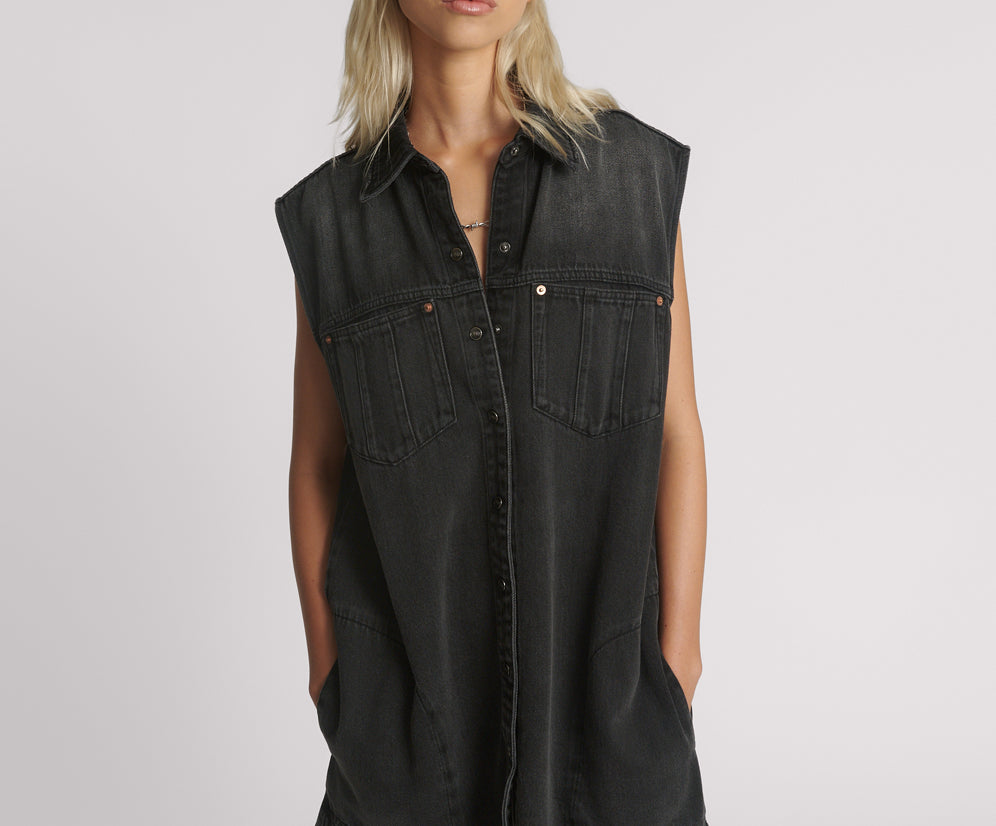 Denim Shirt Dress - Faded Black