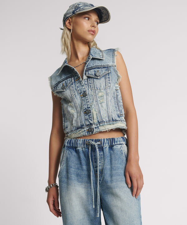 Cropped Denim Trucker Denim Vest - Acid Blue