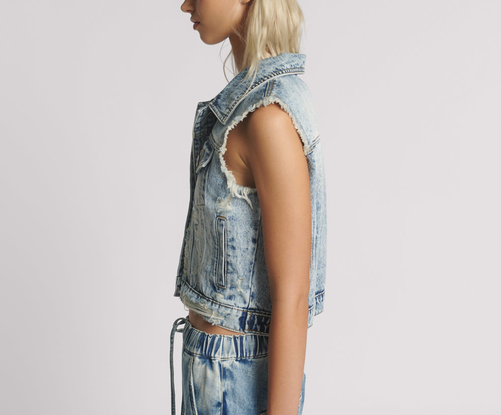 Cropped Denim Trucker Denim Vest - Acid Blue