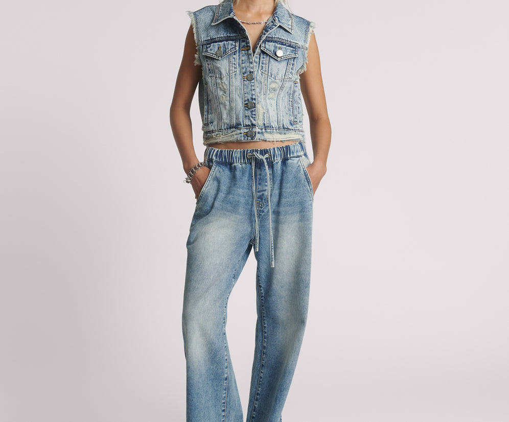 Cropped Denim Trucker Denim Vest - Acid Blue