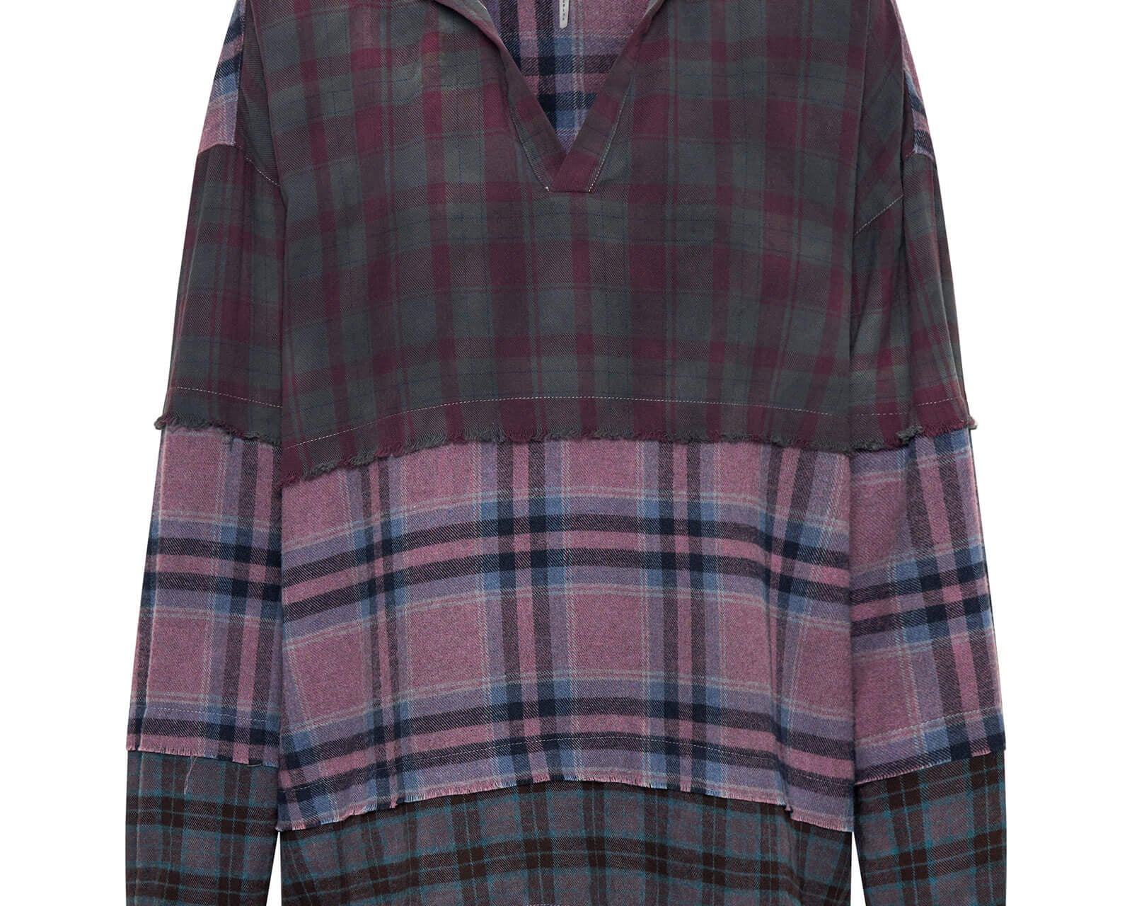 Mixed Flannel Hooded Shirt - Dark Purple