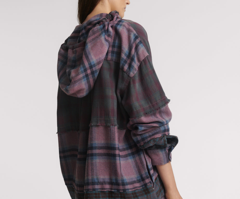 Mixed Flannel Hooded Shirt - Dark Purple