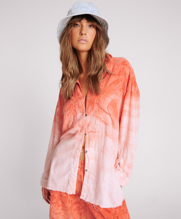 Hand Painted Sunset Muslin Longline Shirt - Coral