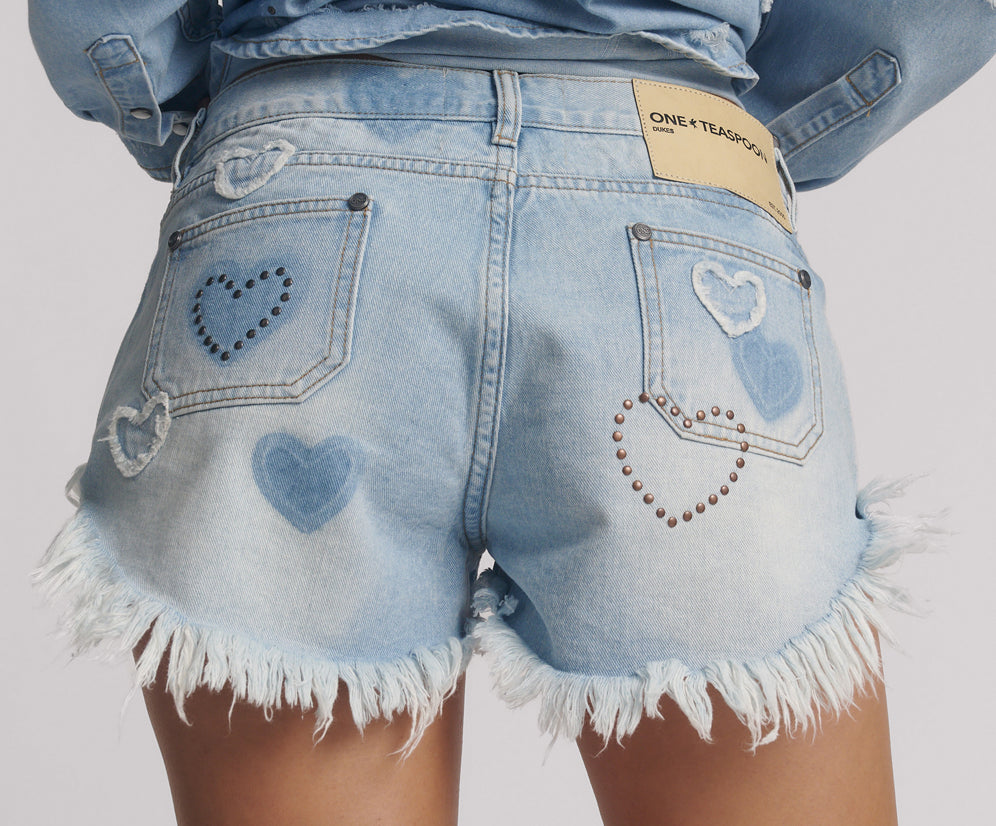 Retro Dukes Low Waist Mini Denim Shorts - Blue Heart