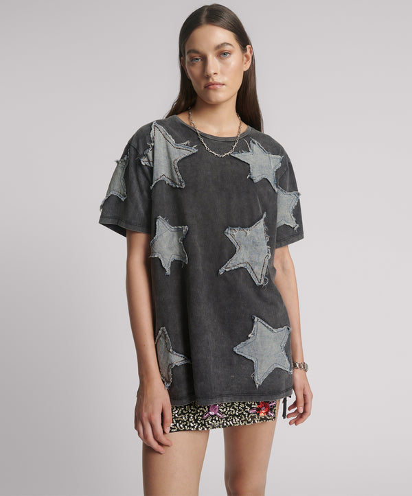 Denim Star Hand Embellished Boyfriend Tee - Charcoal