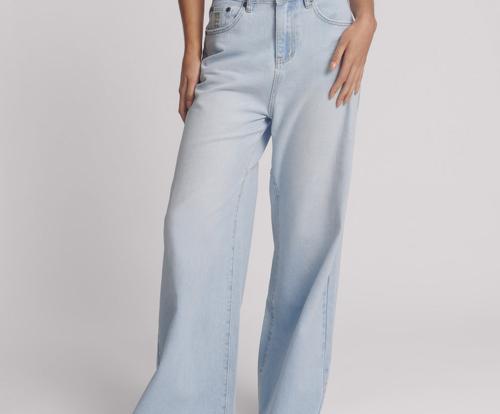 Love Machines Mid Waist Super Wide Leg Denim Jeans - Blue Heart