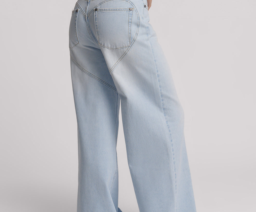 Love Machines Mid Waist Super Wide Leg Denim Jeans - Blue Heart