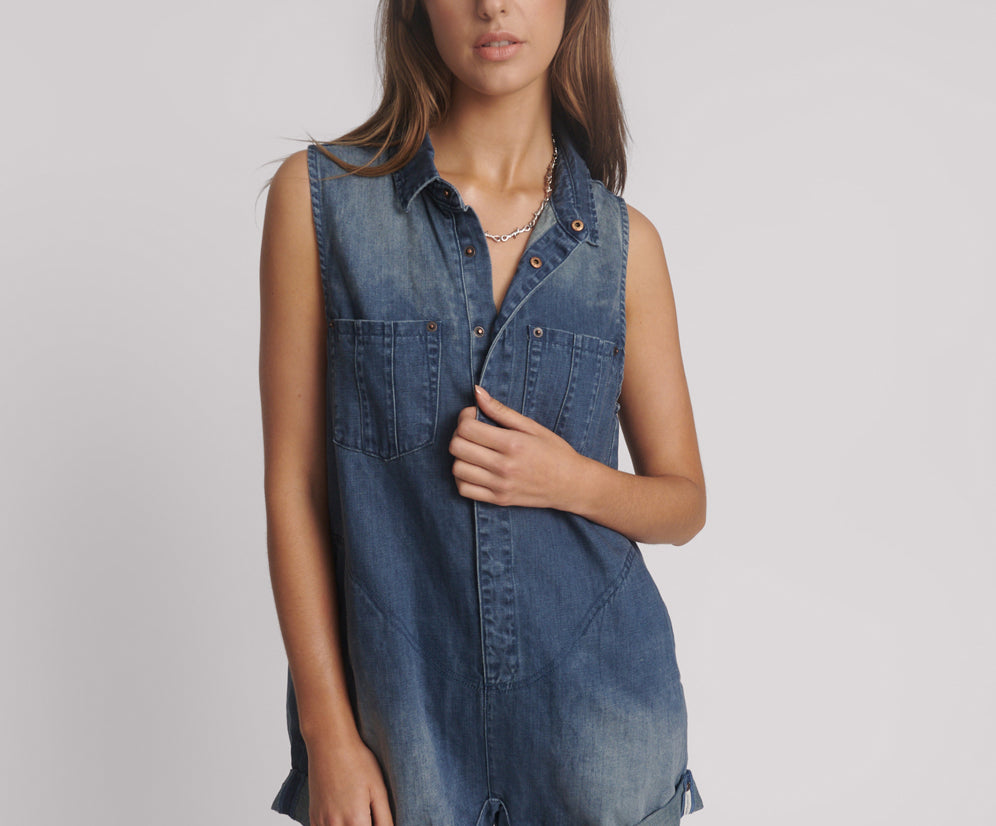 Braxton Mini Hemp Heart Cutout Denim Jumpsuit - Faded Blue