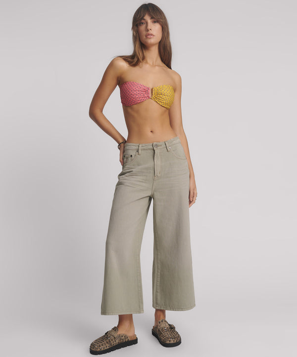 Love Machines Mid Waist Super Wide Leg Cropped Denim Jeans - Faded Khaki