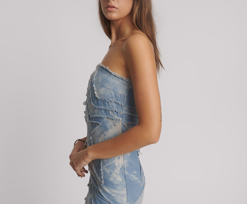 Strapless Tube Star Denim Mini Dress - Blue Halo