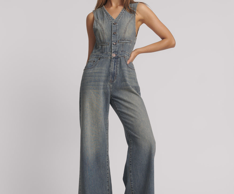 Love Machine Sleeveless Wide Leg Fitted Denim Jumpsuit - Dirty Blue Love