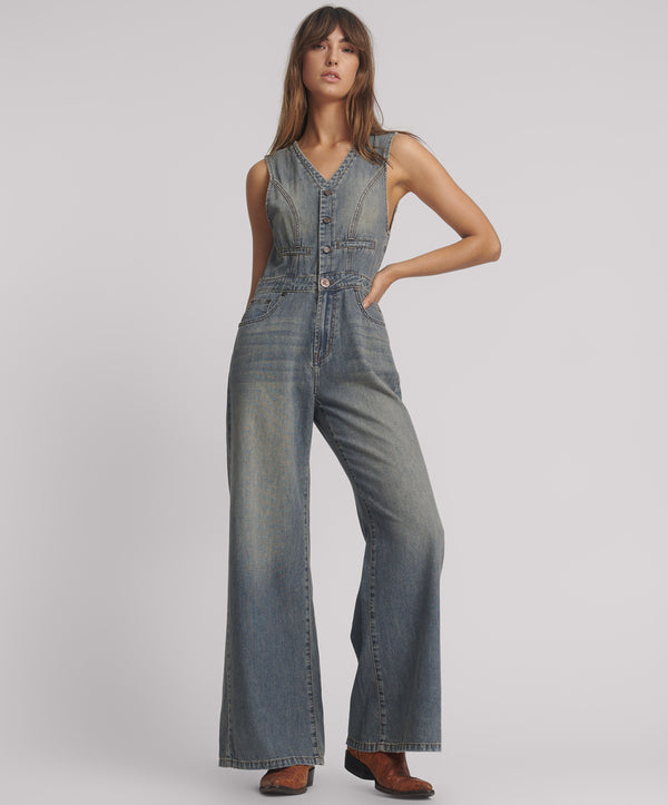 Love Machine Sleeveless Wide Leg Fitted Denim Jumpsuit - Dirty Blue Love