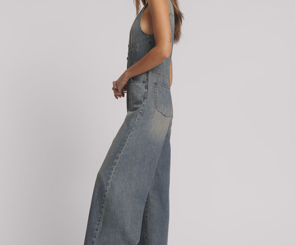 Love Machine Sleeveless Wide Leg Fitted Denim Jumpsuit - Dirty Blue Love