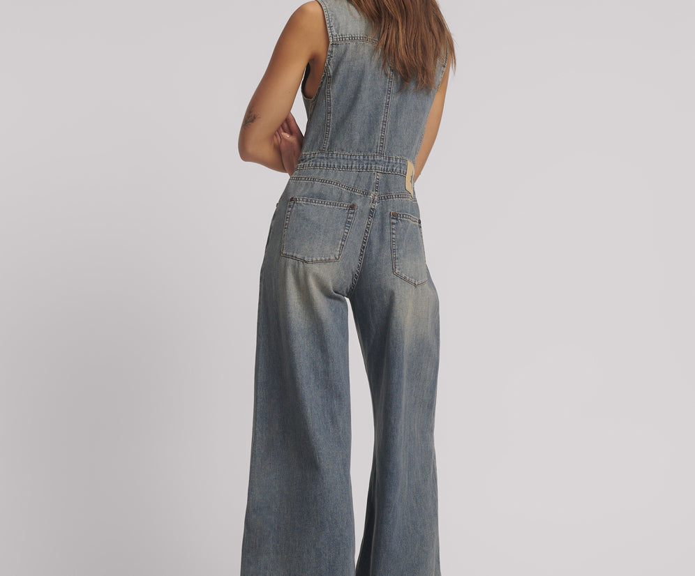 Love Machine Sleeveless Wide Leg Fitted Denim Jumpsuit - Dirty Blue Love