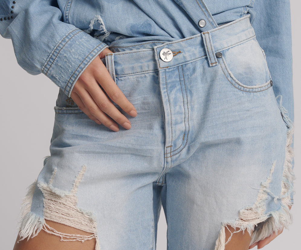 Frankies Low Waist Long Length Denim Shorts - Blue Heart