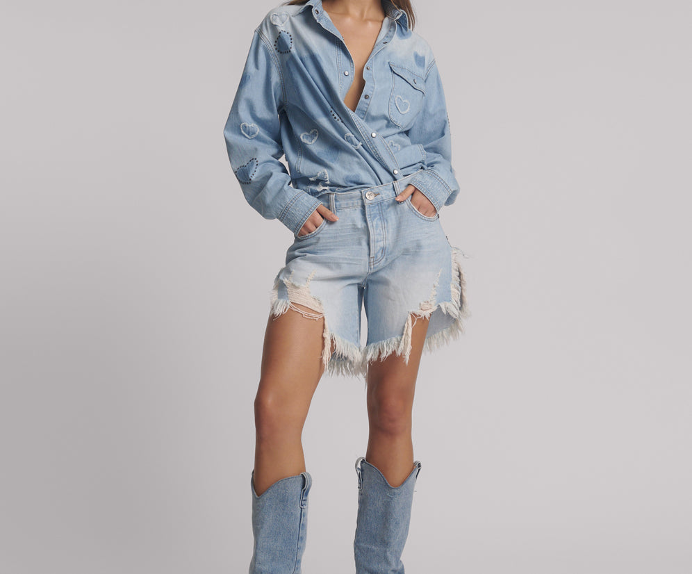 Frankies Low Waist Long Length Denim Shorts - Blue Heart