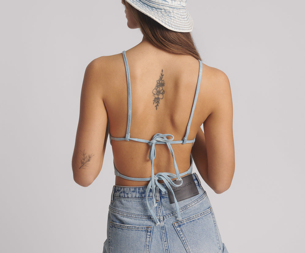 Denim Flower Backless Crop Top - Cloudy Blue