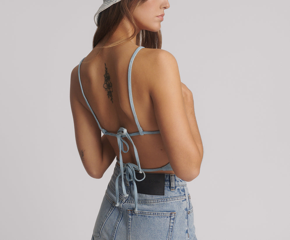 Denim Flower Backless Crop Top - Cloudy Blue