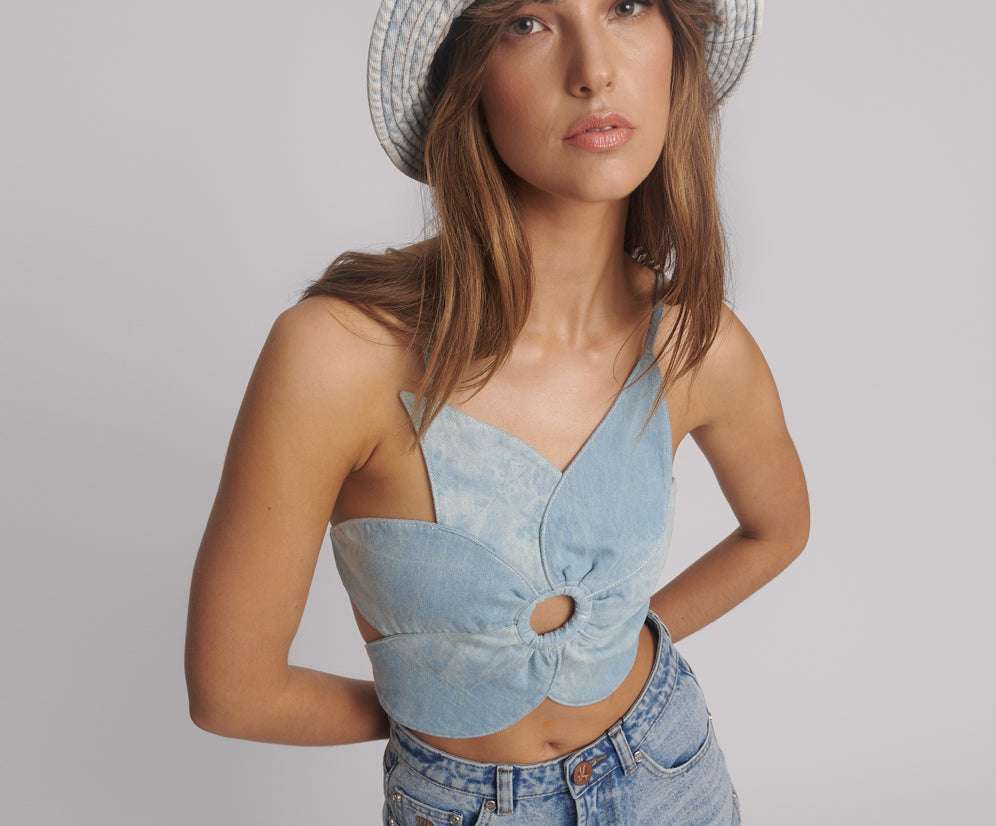 Denim Flower Backless Crop Top - Cloudy Blue