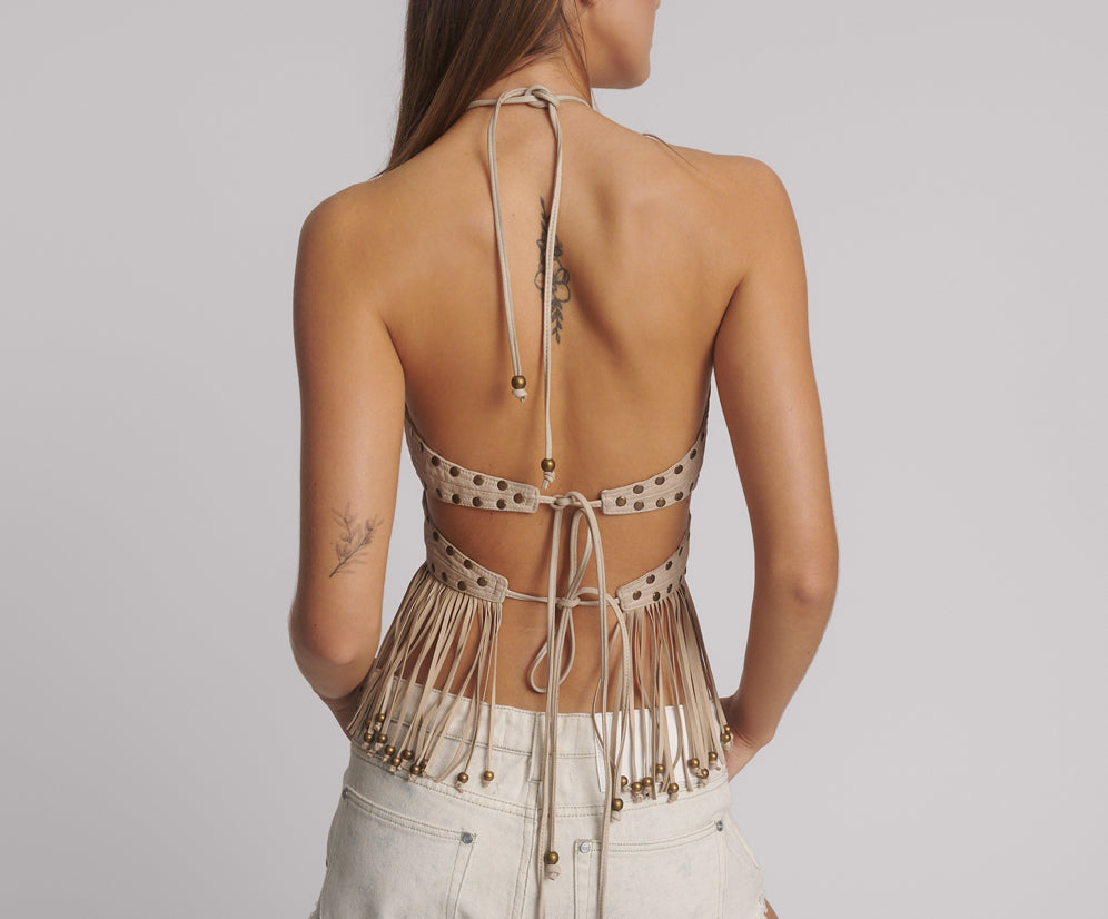 Studded Suede Fringed Star Crop Top - Stone