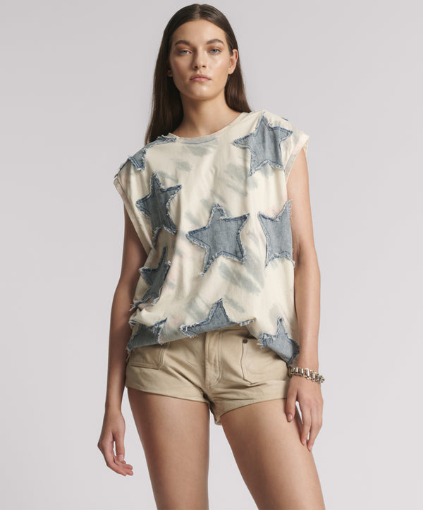 Denim Star Tie Dye Oversized Tank Top - Ivory / Blue