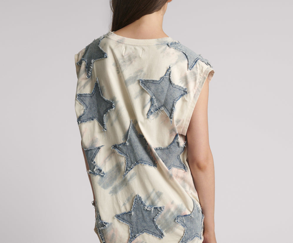 Denim Star Tie Dye Oversized Tank Top - Ivory / Blue