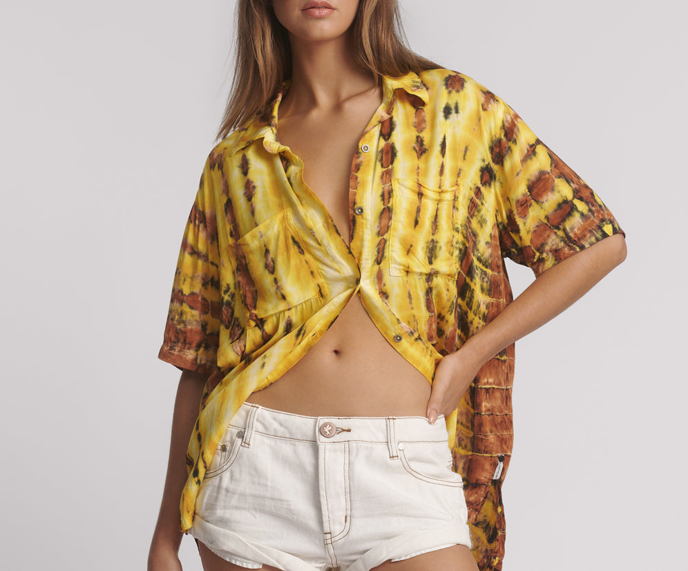 Tropical Satin Hand Printed Short Sleeve Shirt - Yellow