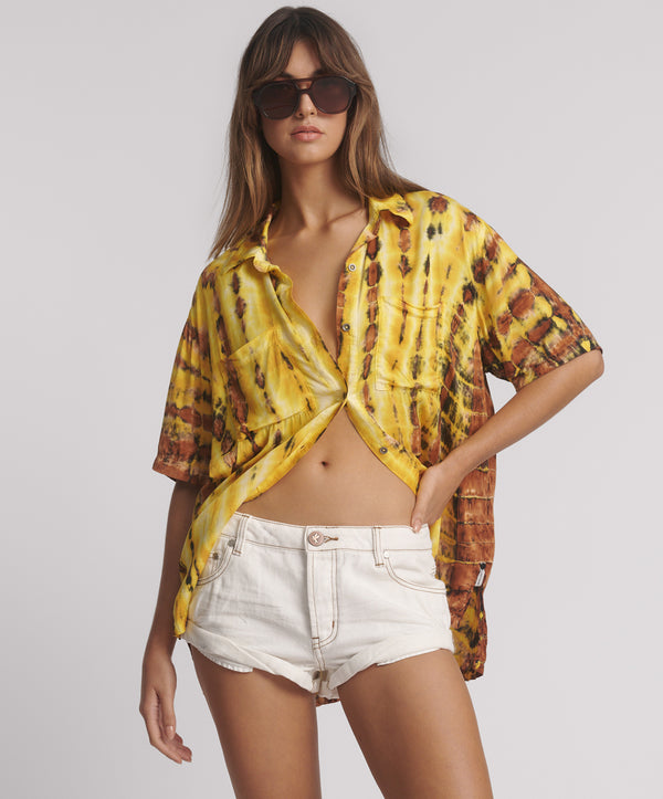 Tropical Satin Hand Printed Short Sleeve Shirt - Yellow