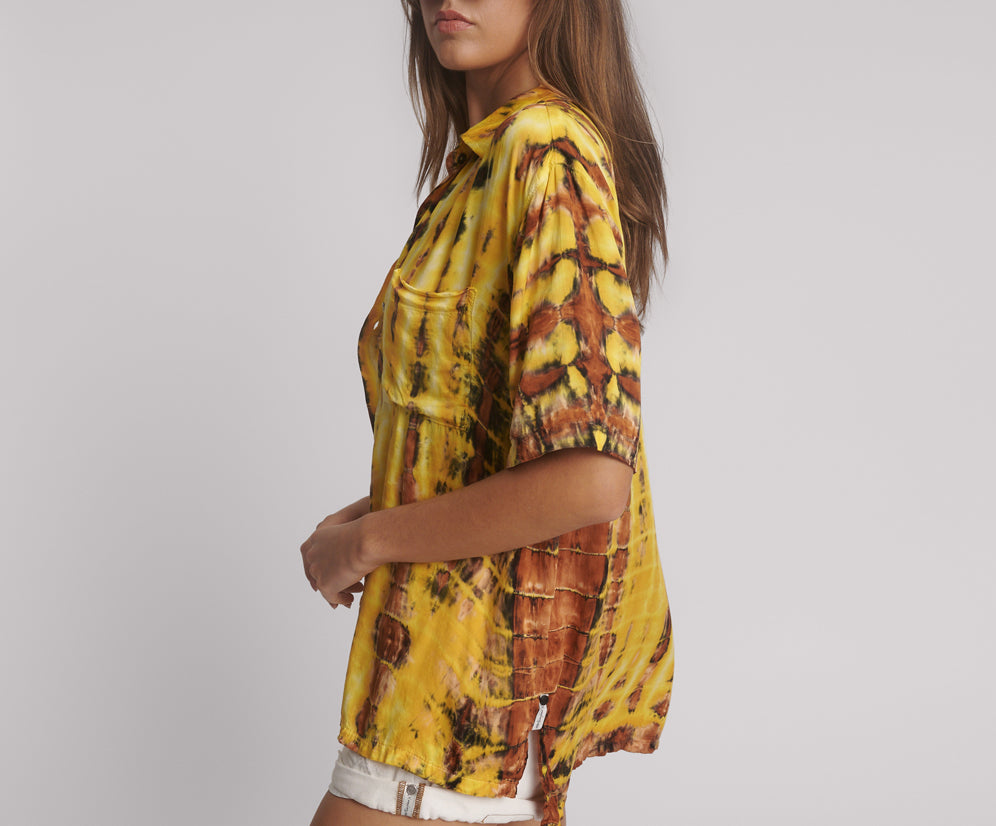 Tropical Satin Hand Printed Short Sleeve Shirt - Yellow