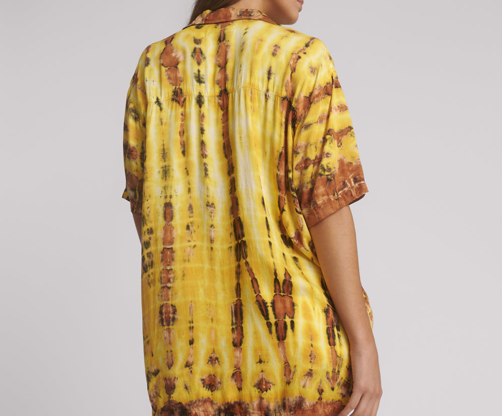 Tropical Satin Hand Printed Short Sleeve Shirt - Yellow