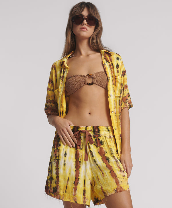 Tropical Satin Hand Printed Shorts - Yellow