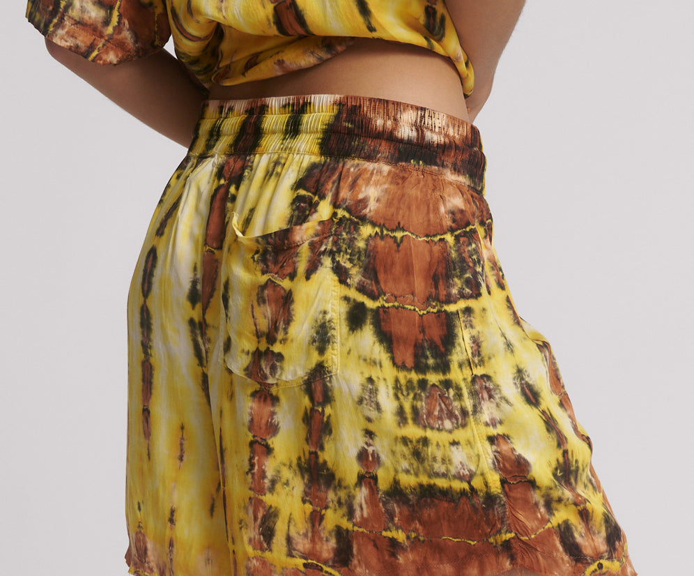 Tropical Satin Hand Printed Shorts - Yellow