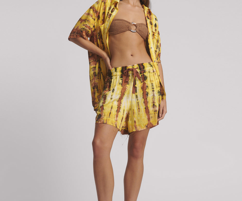 Tropical Satin Hand Printed Shorts - Yellow